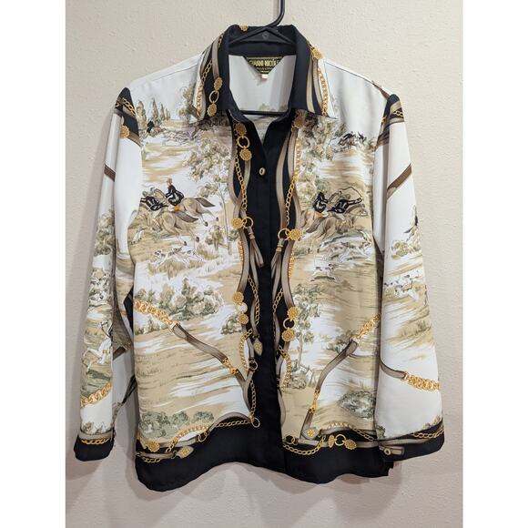 VINTAGE 90s Gianni Nicole women's size L hunting scene handkerchief style blouse - Picture 1 of 13